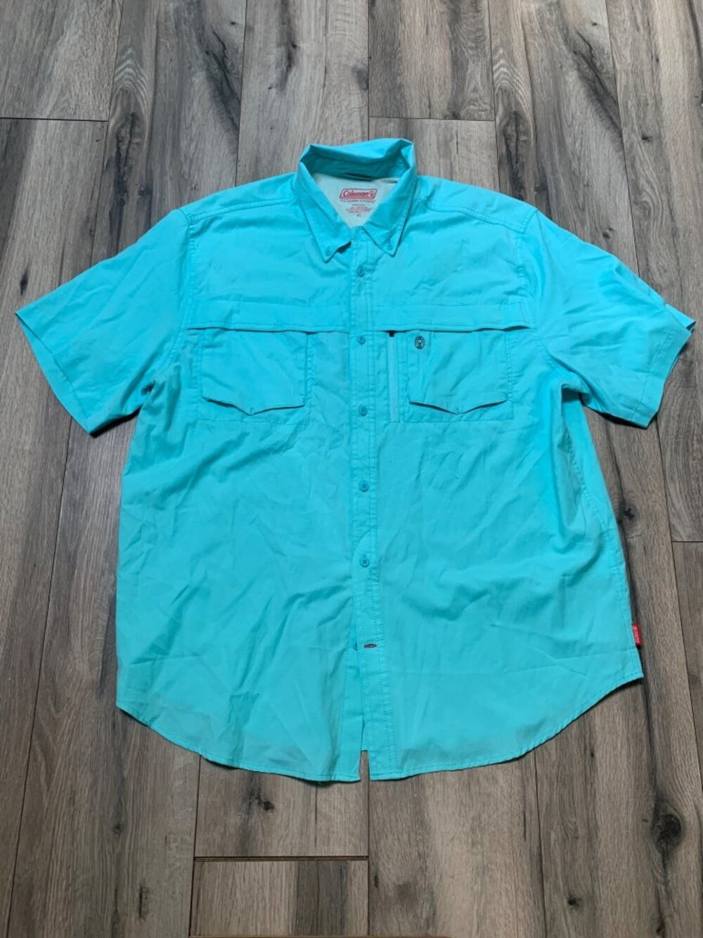 Coleman Mens Outdoor Button-Up Shirt XL Turquoise Short Sleeve Lightweight Breat